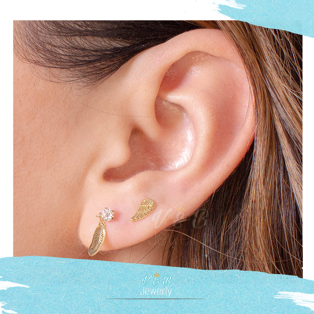Broquelitos Pluma Colgante con Zirconia- Ala de angel 10K